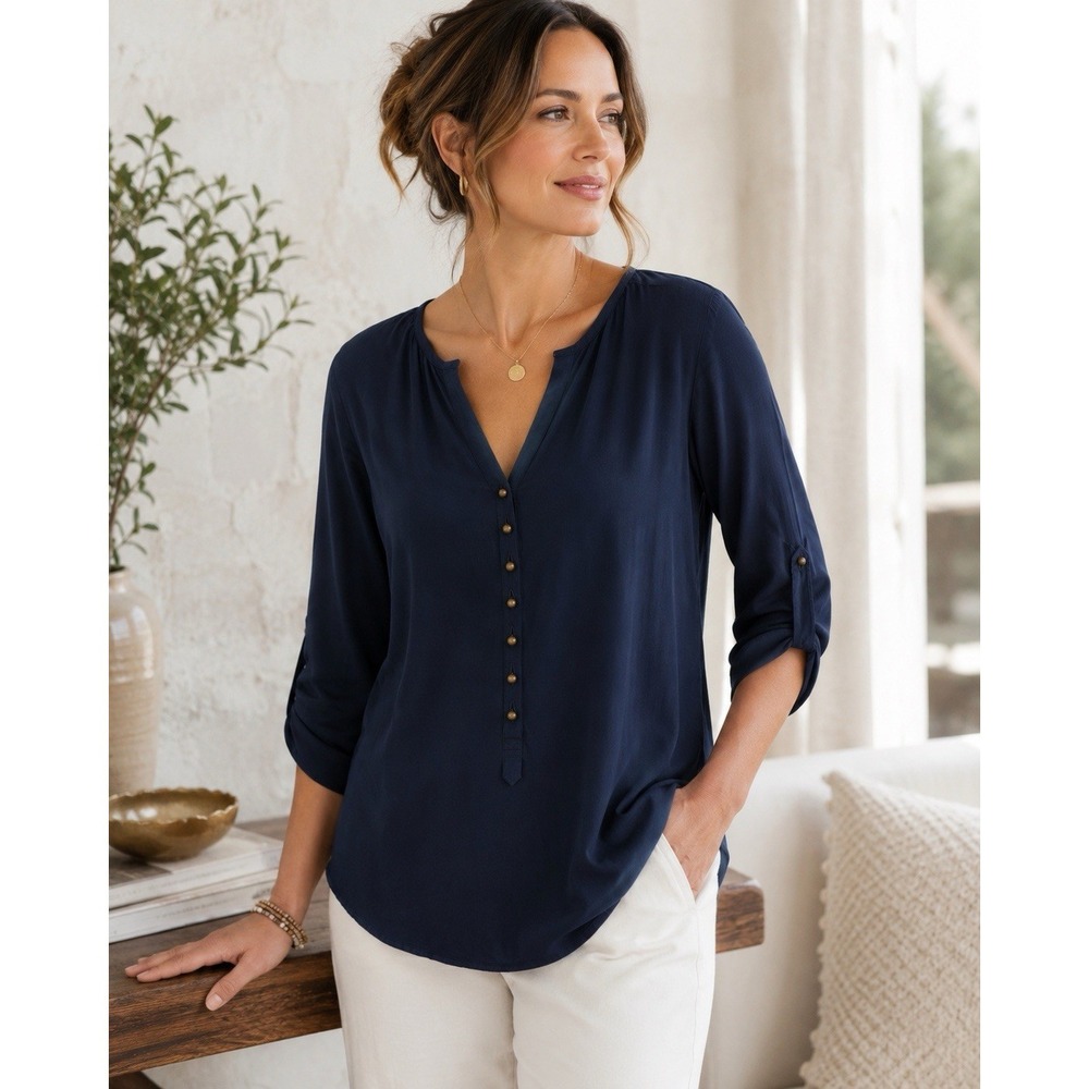 Soft Surroundings Women's M Navy Rayon Roll Tab Sleeve Henley Popover Blouse